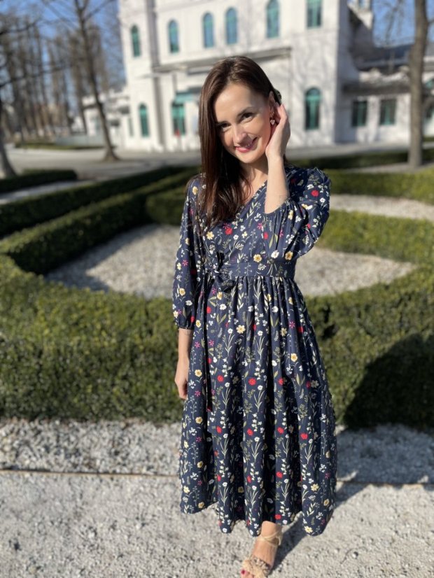 Poplin wrap dress - dark blue flowers - Size: XL/2XL