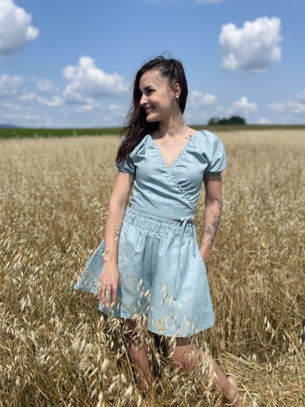 Lněný krátký set - Žlutá a tmavá máta