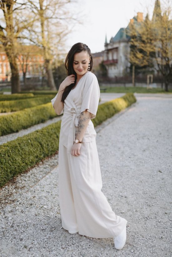 Dlouhé lněné maxi kalhoty - béžové - Velikost: XXS