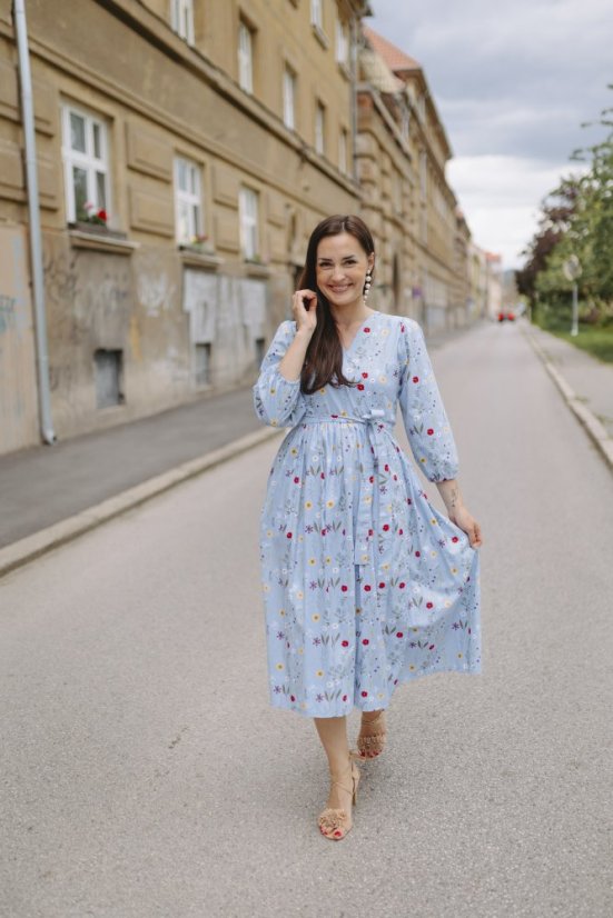 Popelínové zavinovací šaty - MÁMA A DCERA - světle modré květiny - Velikost: M/L