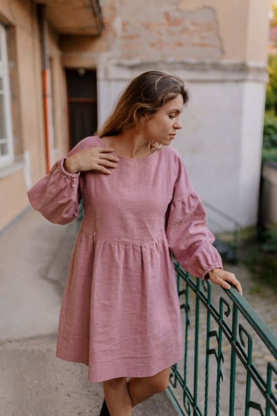 Linen dress with PUFF sleeves - Old pink - Size: 3XL/4XL