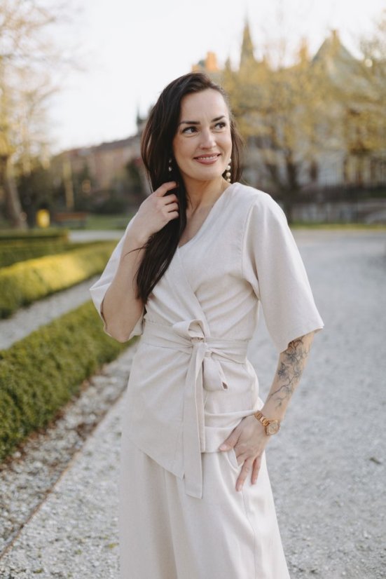 Krátké lněné kimono - písková - Velikost: XXS