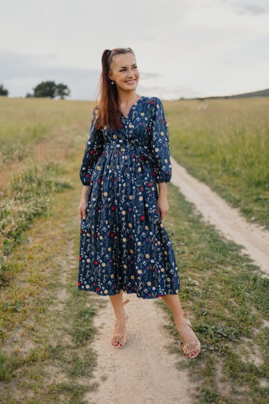 Poplin wrap dress - dark blue flowers - Size: XL/2XL