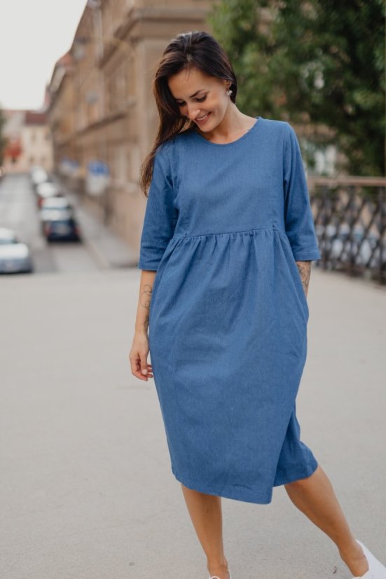 Denim midi dress with pockets - different colors and patterns