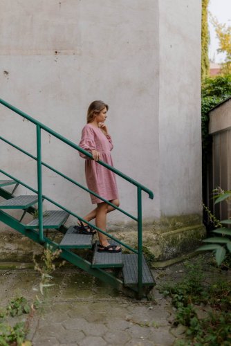 Linen dress with PUFF sleeves - Old pink