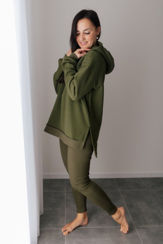 Asymetrická teplá mikina – khaki zelená - Velikost: UNI