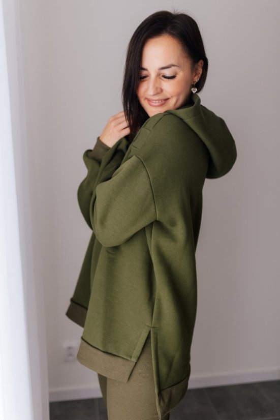 Asymetrická teplá mikina – khaki zelená - Velikost: UNI
