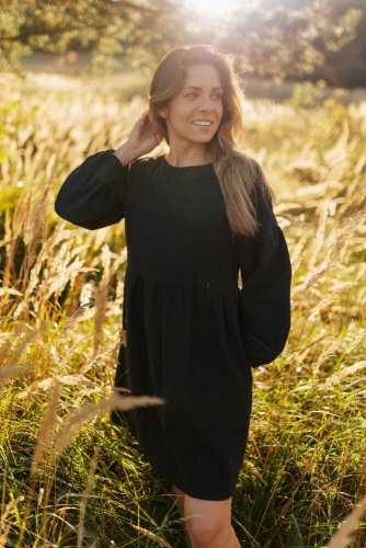 Linen dress with PUFF sleeves - Black