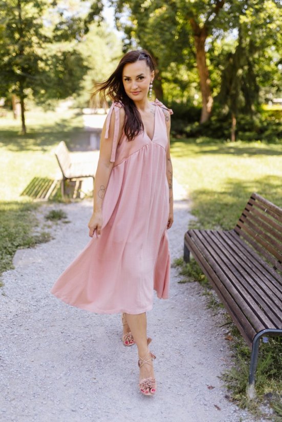 Linen "Aura" dress - pink - Size: M/L, Variant: For breastfeeding, Length: Long