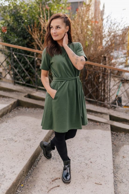 Oversize ačkové šaty – Army green - Velikost: XS/S, Varianta: Ke kojení, Výška: Nízká
