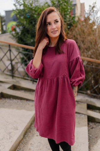 Linen dress with PUFF sleeves - Burgundy