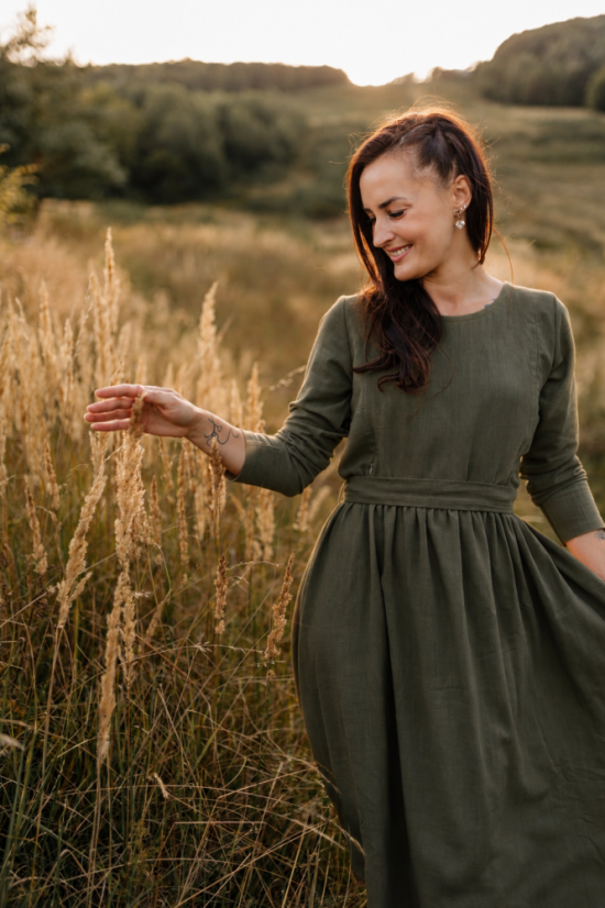 Linen dress "Harmonia pure" - army green - Size: M/L, Variant: For breastfeeding, Belt: With a belt, Pockets: with pockets