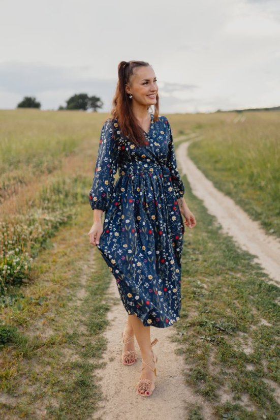 Poplin wrap dress - dark blue flowers - Size: XL/2XL
