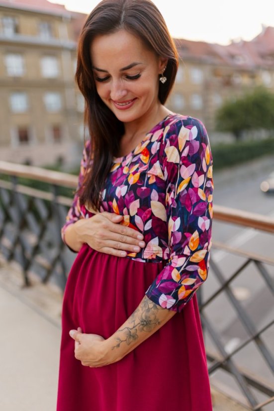 Sweatshirt nursing dress with a gathered skirt - Burgundy leaves