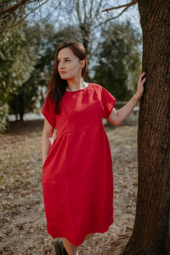 Lněné MIDI šaty - MÁMA A DCERA – Červené