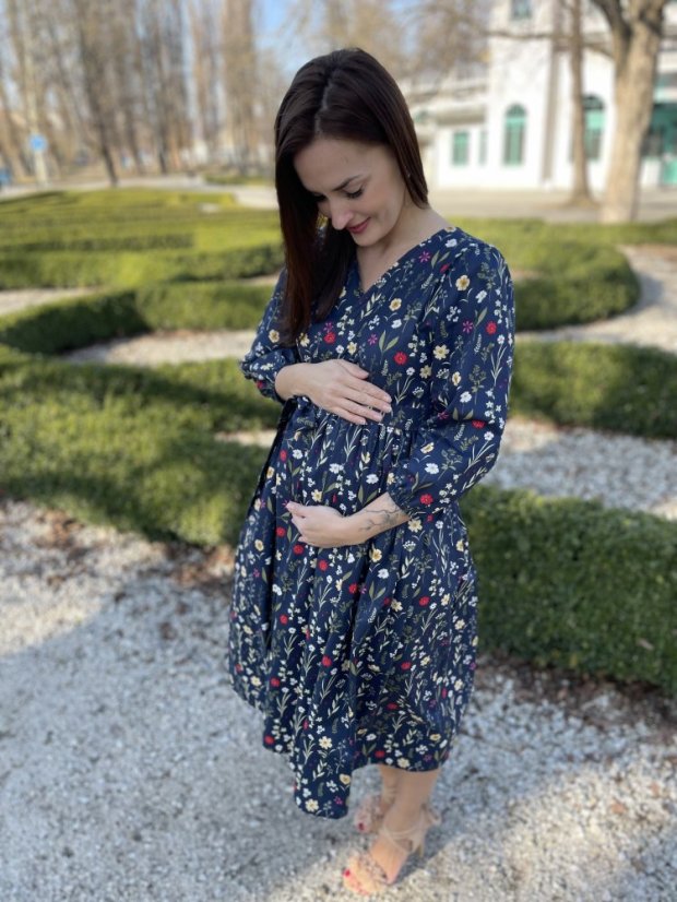 Poplin wrap dress - dark blue flowers - Size: XL/2XL