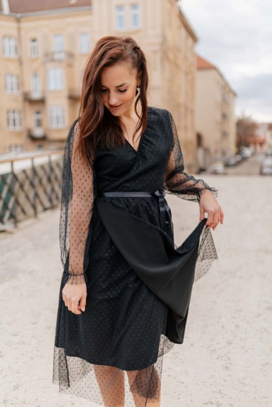 Elegantní zavinovací šaty - tečkované černé - Velikost: XS/S