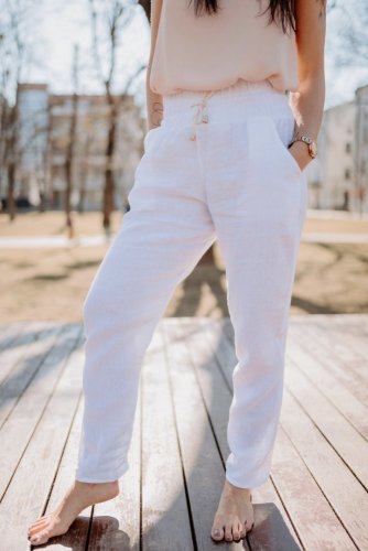 Dámské lněné kalhoty s vysokým pasem - různé barvy - Barva: Starorůžová, Velikost: UNI 2 (L -XL)