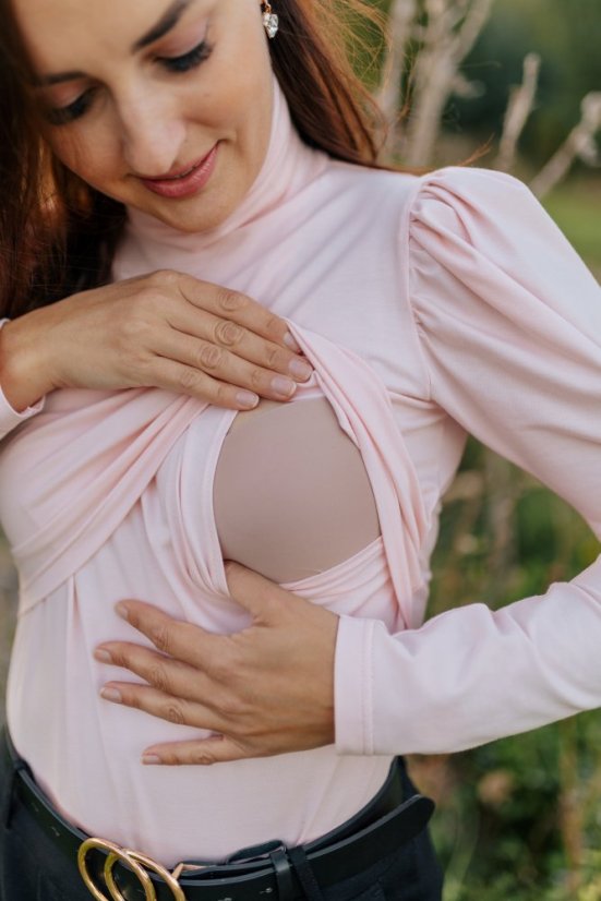 Elegant nursing turtleneck with puff sleeves - Baby pink - Size: XXS