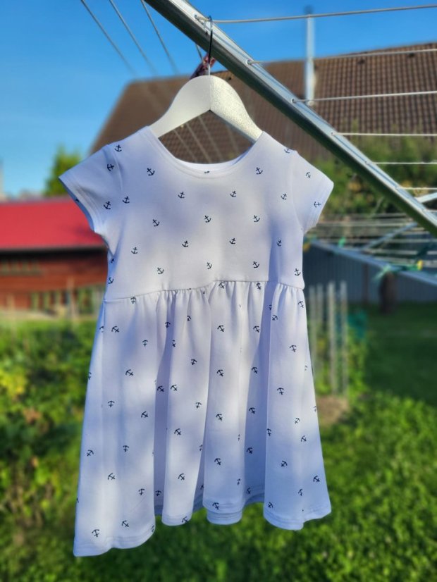 Girls' Dress with Gathered Skirt - Anchor Pattern