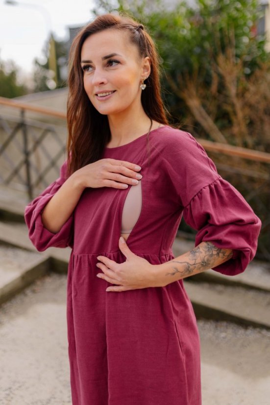 Linen dress with PUFF sleeves - Burgundy - Size: XS/S