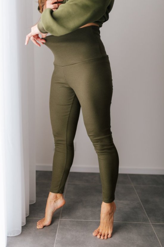 ELARA SET – asymetrická mikina & žebrované legíny - khaki zelená - Velikost: L