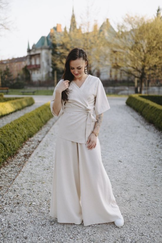 Dlouhé lněné maxi kalhoty - béžové - Velikost: XXS