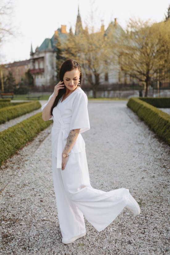 Dlouhé lněné maxi kalhoty s kapsami - Bílé - Velikost: XS/S