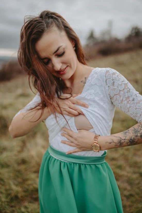 Společenské šaty ke kojení – bílo smaragdové