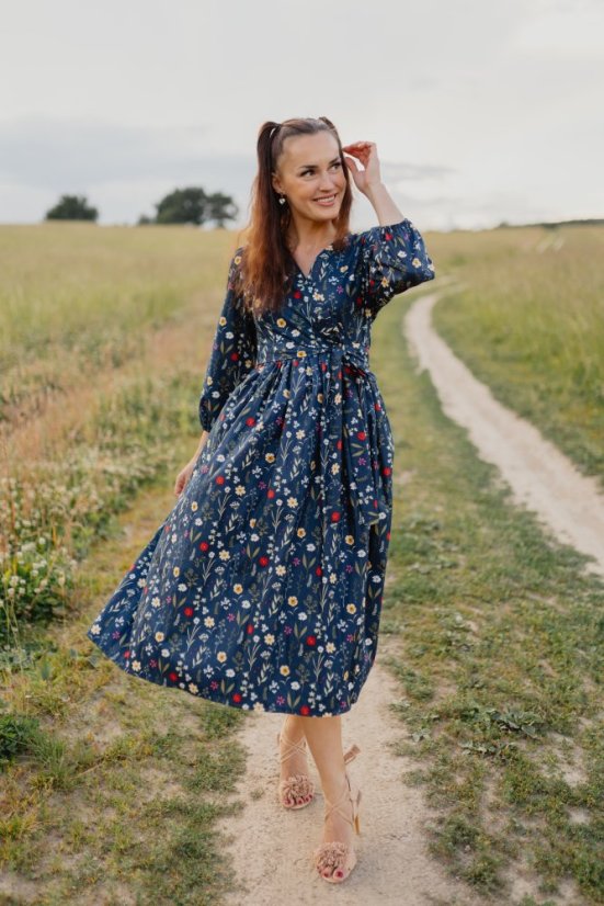 Poplin wrap dress - dark blue flowers - Size: XL/2XL