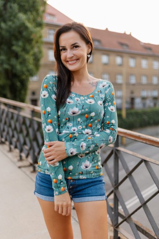 Cotton T-shirt - tyrkys flowers - Size: XL